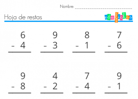 Ficha educativa con restas de una cifra. Material educativo para aprender a re | Recurso educativo 781915